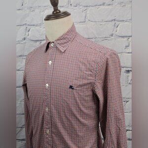 Burberry Men's Button Down Shirt Red Blue Gingham Plaid Logo Stretch Size Small